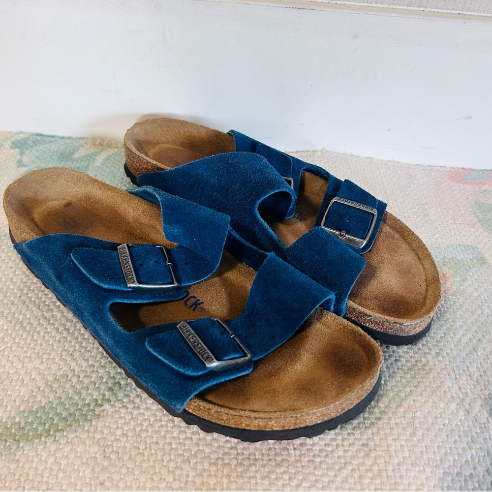 Women’s Birkenstocks in Moroccan blue suede.